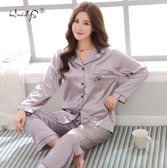 Men Women Silk Satin Pajamas Set Couple Sleepwear Lovers Unisex Nightwear  Plus 