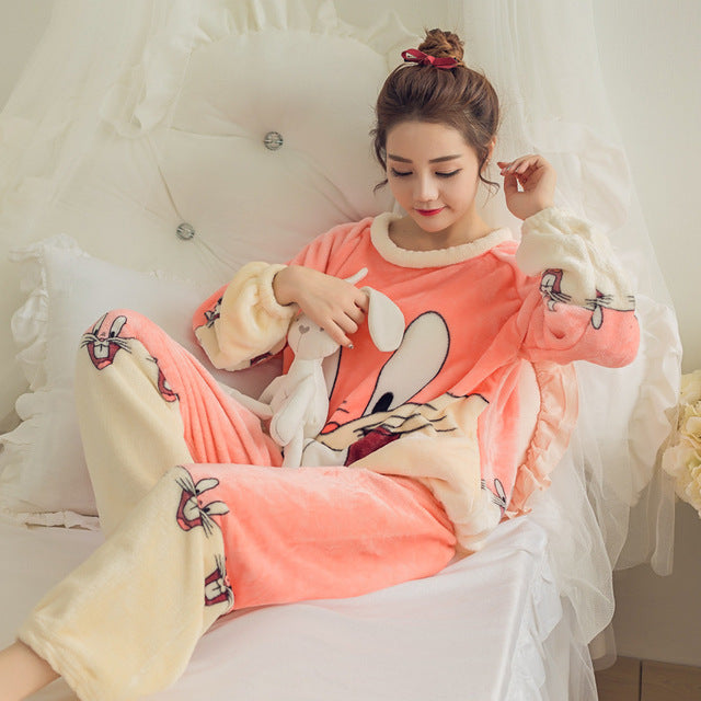 Women Coral Fleece Nightgown Dress Cute Ear Cartoon Sleep Home Wear Pajamas