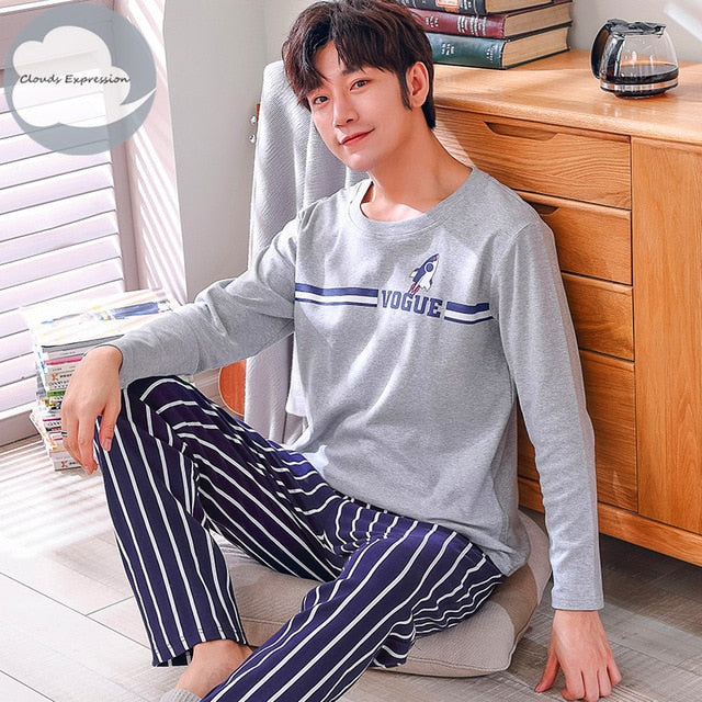Autumn Winter Men's Cotton Pajamas Letter Striped Sleepwear Cartoon Pajama Sets Casual Sleep&Lounge Pyjamas Plus Size 3XL Pijama