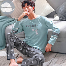 Load image into Gallery viewer, Autumn Winter Men&#39;s Cotton Pajamas Letter Striped Sleepwear Cartoon Pajama Sets Casual Sleep&amp;Lounge Pyjamas Plus Size 3XL Pijama
