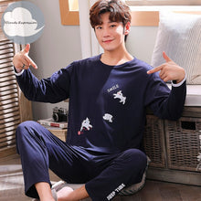 Load image into Gallery viewer, Autumn Winter Men&#39;s Cotton Pajamas Letter Striped Sleepwear Cartoon Pajama Sets Casual Sleep&amp;Lounge Pyjamas Plus Size 3XL Pijama