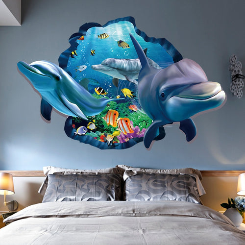 New Special Wall Stickers Design 3d  Dolphin Effect Underwater World Dolphin Fish Background Fashion Home Decoration Room house