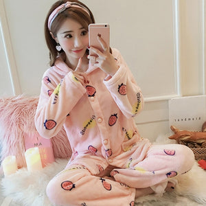 Winter Warm Sweet Flannel Pajamas set Lady cute Pyjamas sleepwear Suit Female Home Clothing Women's Pajamas Sets