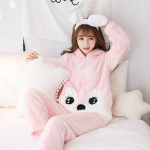 Girls Winter Rabbit Hooded Pajamas Set Sleepwear Cartoon Anime Pyjama Thick Coral Velvet Home Clothing Pijama Feminino Nightwear