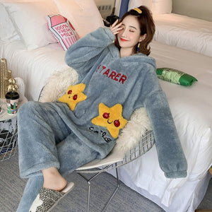 Girls Winter Rabbit Hooded Pajamas Set Sleepwear Cartoon Anime Pyjama Thick Coral Velvet Home Clothing Pijama Feminino Nightwear