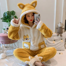 Load image into Gallery viewer, Girls Winter Rabbit Hooded Pajamas Set Sleepwear Cartoon Anime Pyjama Thick Coral Velvet Home Clothing Pijama Feminino Nightwear