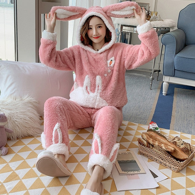 Girls Winter Rabbit Hooded Pajamas Set Sleepwear Cartoon Anime Pyjama –  haus4u