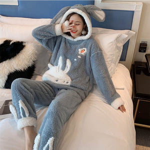 Girls Winter Rabbit Hooded Pajamas Set Sleepwear Cartoon Anime Pyjama Thick Coral Velvet Home Clothing Pijama Feminino Nightwear