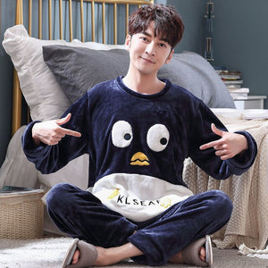 Winter Men's Pajama Sets Thick Flannel Cartoon Long Sleeve Warm Sleepwear Suit Coral Fleece Sleep &Lounge Pyjama Home Clothing