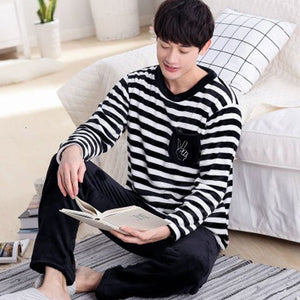 Winter Men's Pajama Sets Thick Flannel Cartoon Long Sleeve Warm Sleepwear Suit Coral Fleece Sleep &Lounge Pyjama Home Clothing