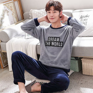 Winter Men's Pajama Sets Thick Flannel Cartoon Long Sleeve Warm Sleepwear Suit Coral Fleece Sleep &Lounge Pyjama Home Clothing