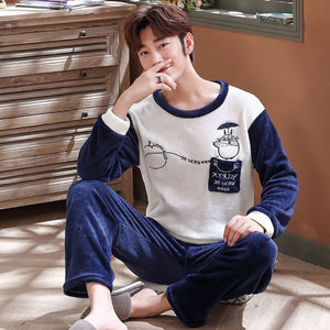 Winter Men's Pajama Sets Thick Flannel Cartoon Long Sleeve Warm Sleepwear Suit Coral Fleece Sleep &Lounge Pyjama Home Clothing