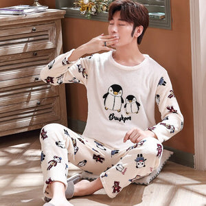 Winter Men's Pajama Sets Thick Flannel Cartoon Long Sleeve Warm Sleepwear Suit Coral Fleece Sleep &Lounge Pyjama Home Clothing