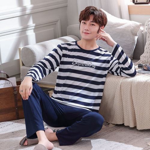 Autumn New long sleeve pijama stripe pajamas set for male plus size sleep clothing casual nightie sleepwear men pyjamas suit