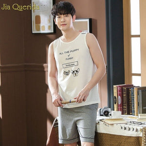 Mens Pajama Set 2019 Summer Pijama Hombre Sleeveless Night Shorts Pijama Set Cute Cartoon Letter Printing Pajamas Cotton Pajamas