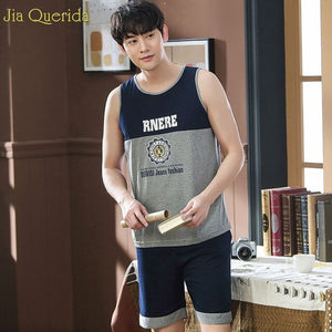 Mens Pajama Set 2019 Summer Pijama Hombre Sleeveless Night Shorts Pijama Set Cute Cartoon Letter Printing Pajamas Cotton Pajamas