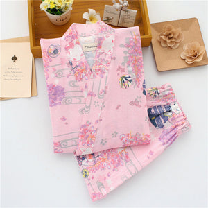 Summer Men's and Women's 100% Cotton Gauze Pajamas Sets Retro V-neck Pijama Kimono Suit Couple Sleepwear Nightly Home Clothing