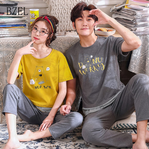 BZEL Women&Men Pajamas Sets Couple Pijamas Cotton Short Sleeve Sleep Lounge Cartoon Nightwear Lovers' Clothes Casual Home Wear