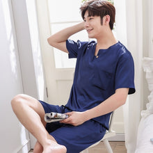 Load image into Gallery viewer, Thoshine Brand Spring Summer Autumn Men Satin Silk Pyjamas Sets of T-shirt &amp; Shorts Male Pijama Sleepwear Leisure Home Clothing
